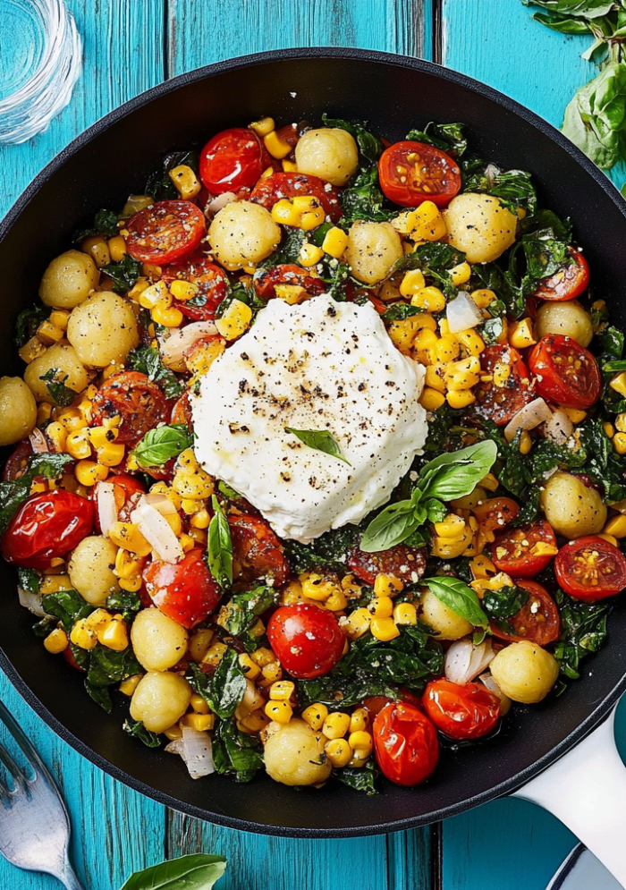 Summer Skillet Gnocchi with Grilled Corn and Burrata