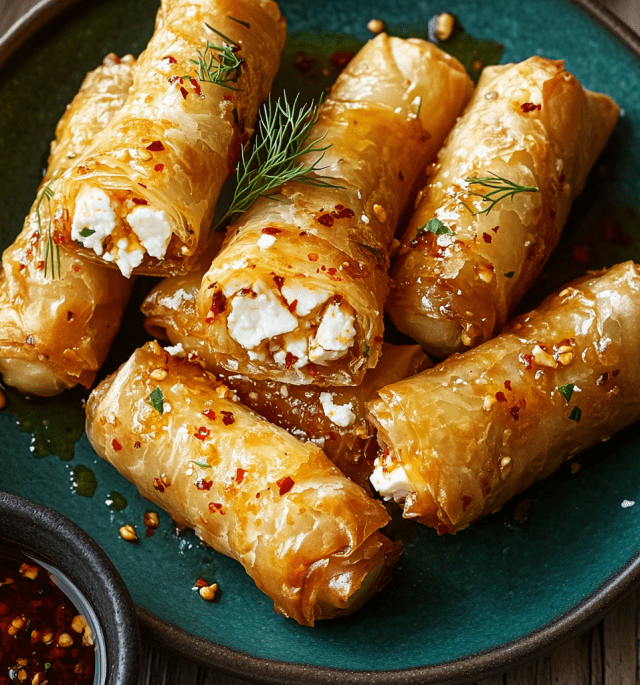 Oven Fried Feta Rolls with Chili Honey