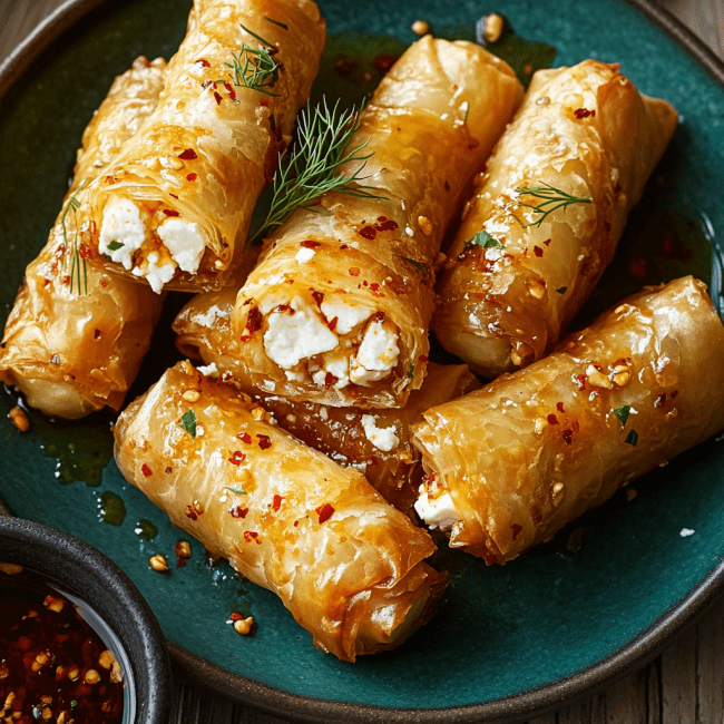 Oven Fried Feta Rolls with Chili Honey