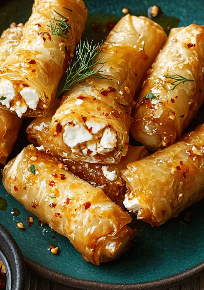 Oven Fried Feta Rolls with Chili Honey