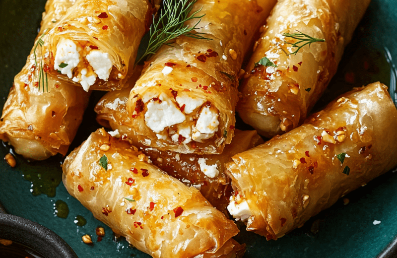 Oven Fried Feta Rolls with Chili Honey