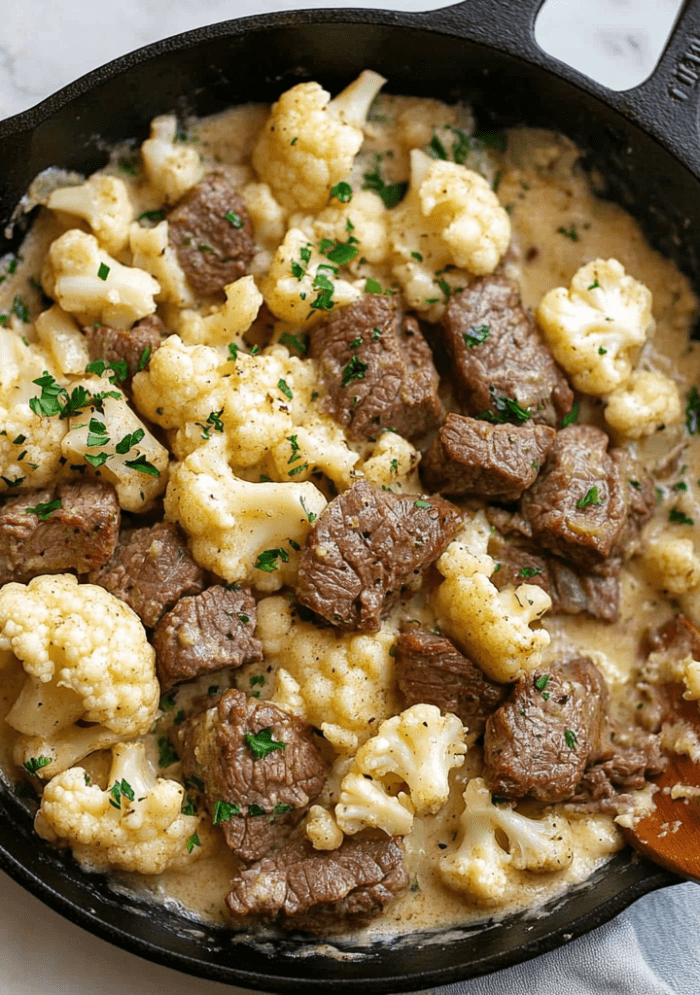 Creamy Steak Bites and Cauliflower Skillet