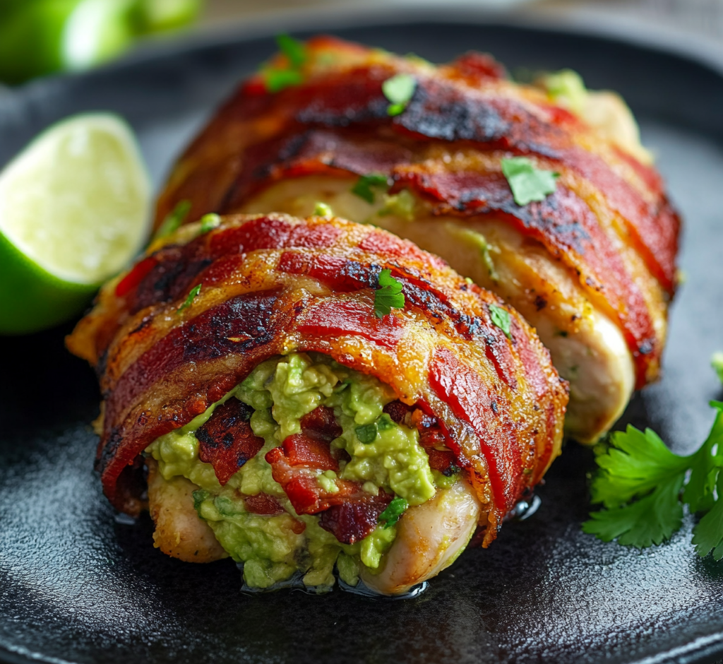 Bacon Wrapped Guacamole Stuffed Chicken