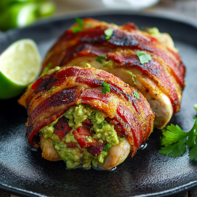 Bacon Wrapped Guacamole Stuffed Chicken