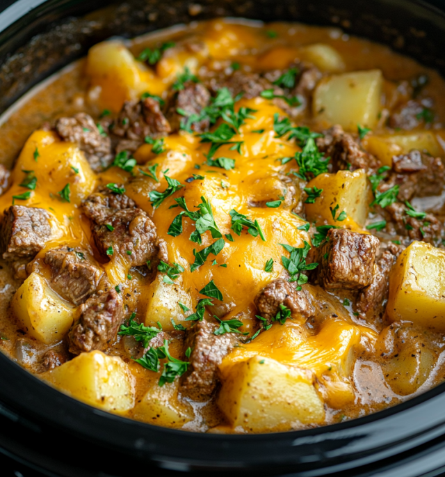 slow cooker steak & cheddar potato casserole
