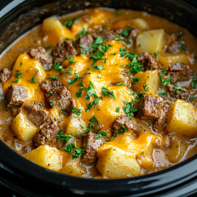 slow cooker steak & cheddar potato casserole