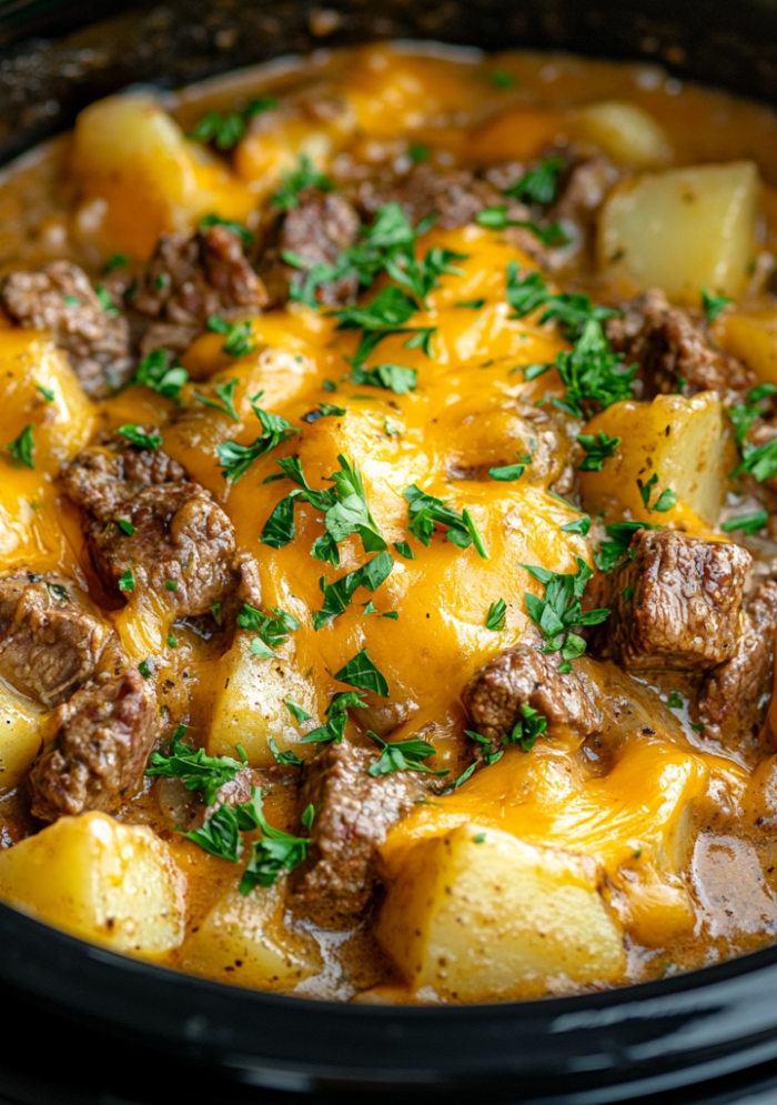 slow cooker steak & cheddar potato casserole