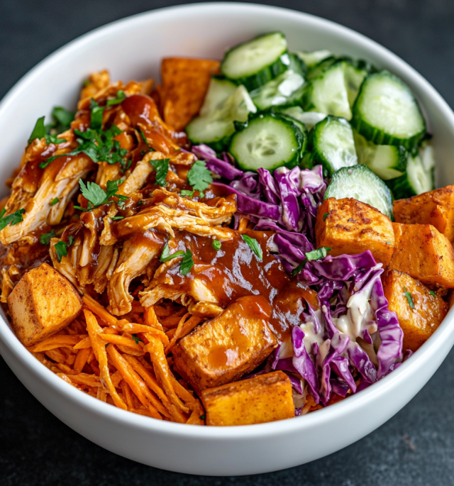 BBQ Chicken Bowls with Sweet Potatoes & Pickles