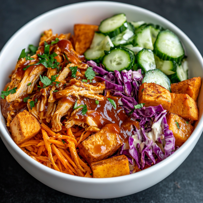 BBQ Chicken Bowls with Sweet Potatoes & Pickles