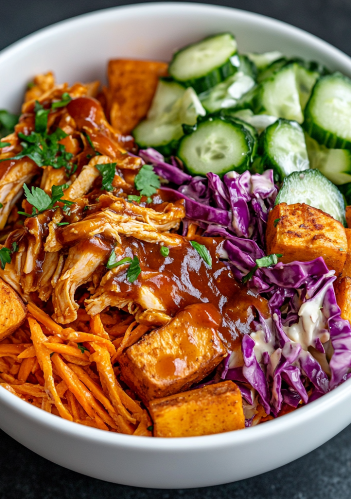 BBQ Chicken Bowls with Sweet Potatoes & Pickles