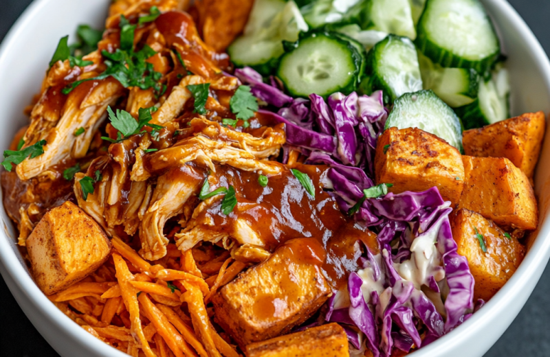 BBQ Chicken Bowls with Sweet Potatoes & Pickles