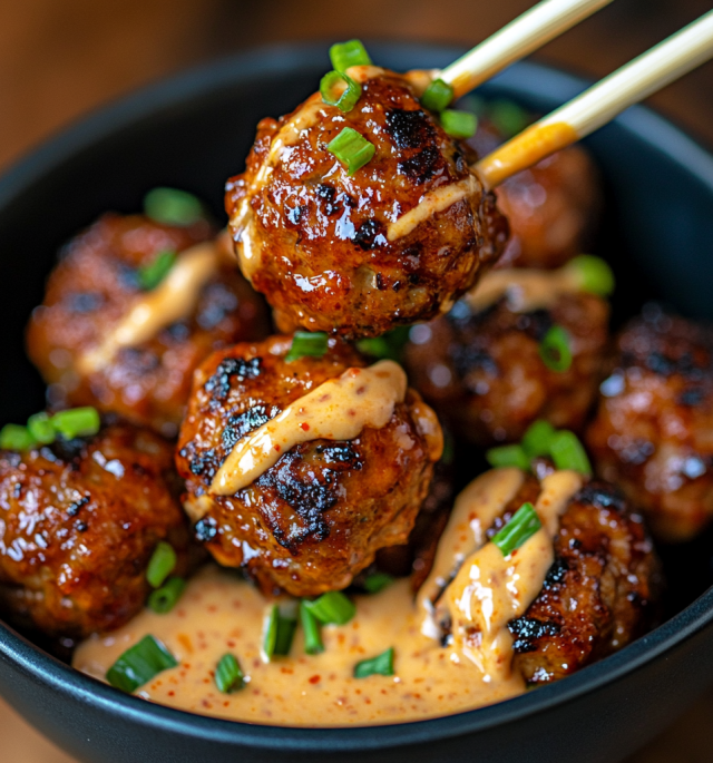 Korean BBQ Meatballs with Spicy Mayo Dip