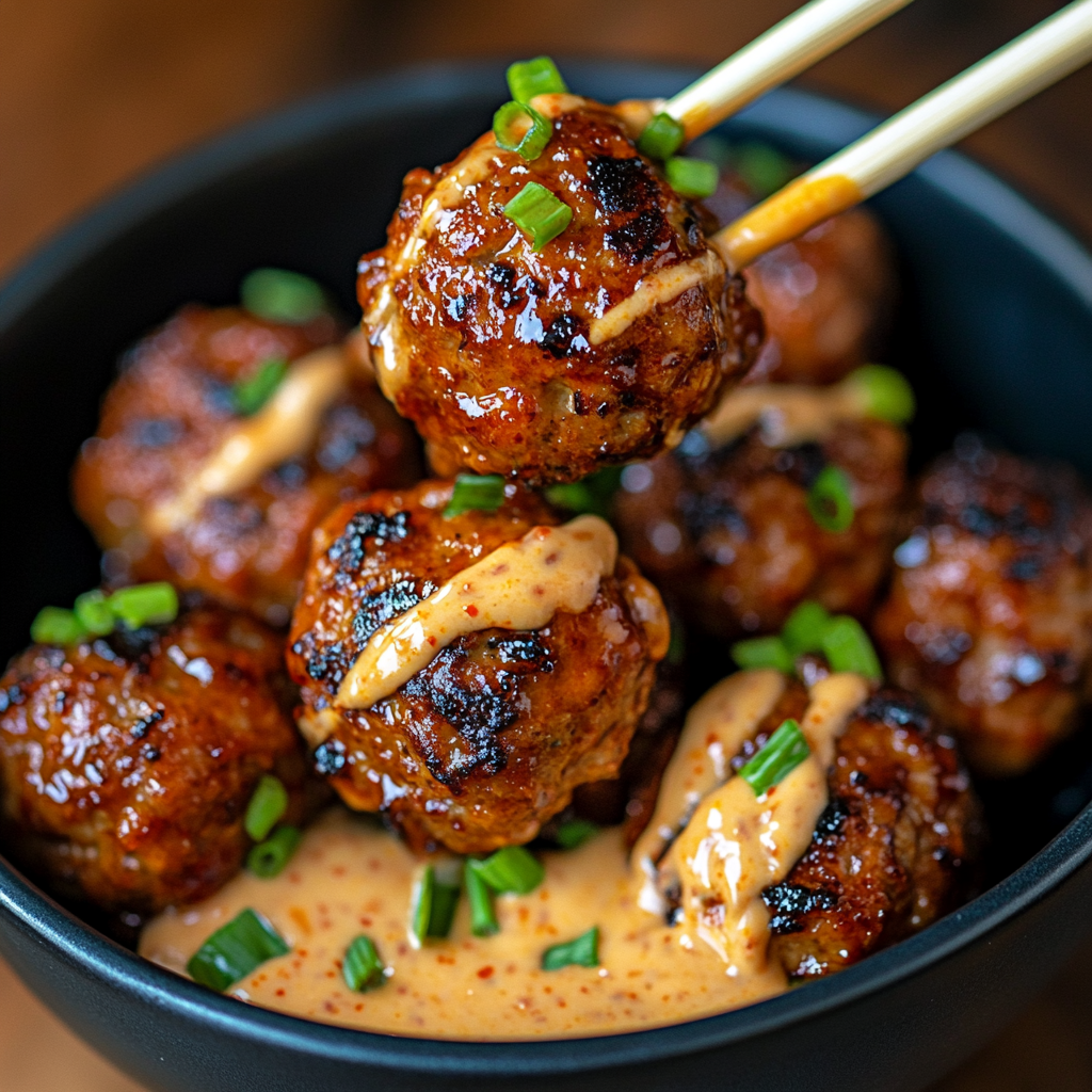Korean BBQ Meatballs with Spicy Mayo Dip