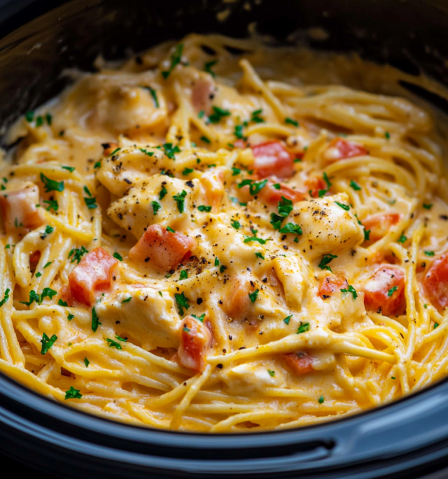 Easy Crockpot Chicken Spaghetti – creamy comfort food!