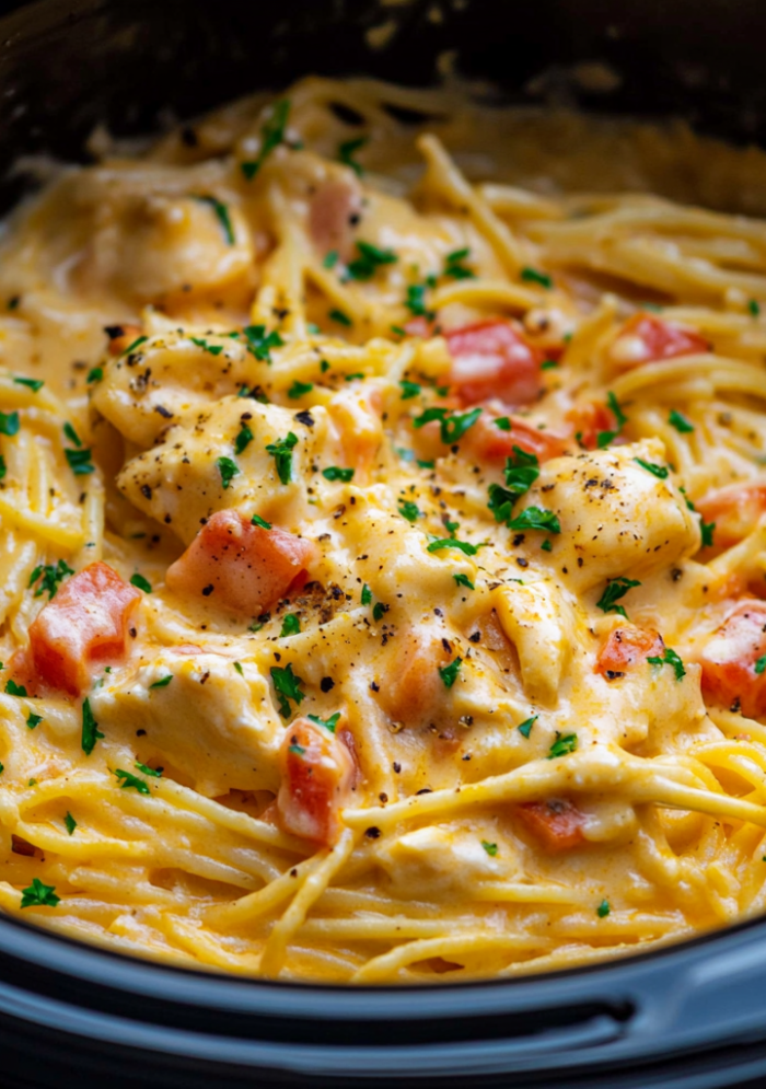 Easy Crockpot Chicken Spaghetti – creamy comfort food!