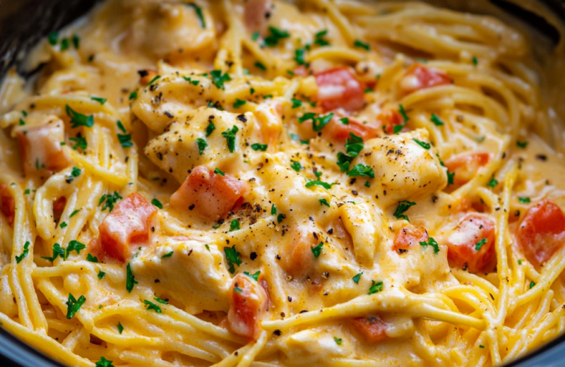 Easy Crockpot Chicken Spaghetti – creamy comfort food!