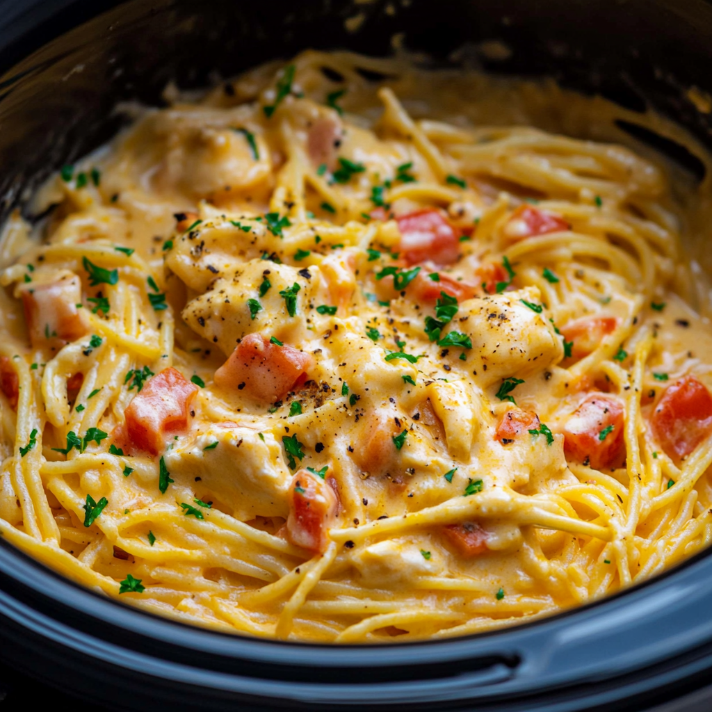 Easy Crockpot Chicken Spaghetti – creamy comfort food!