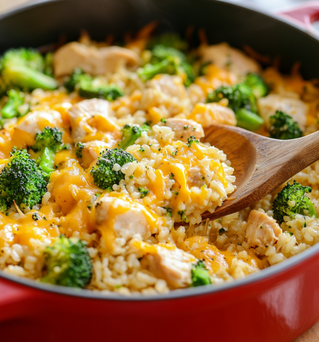 One Pot Cheesy Chicken, Rice & Broccoli