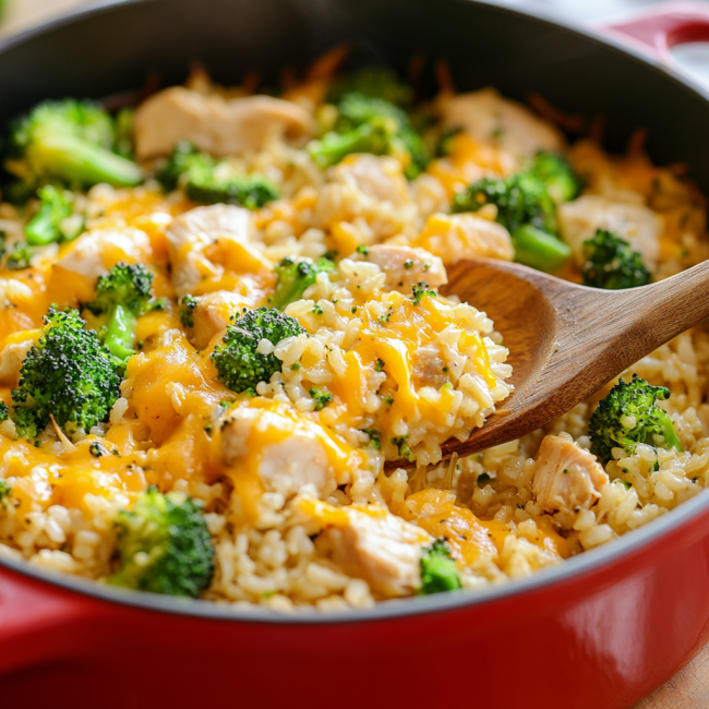 One Pot Cheesy Chicken, Rice & Broccoli