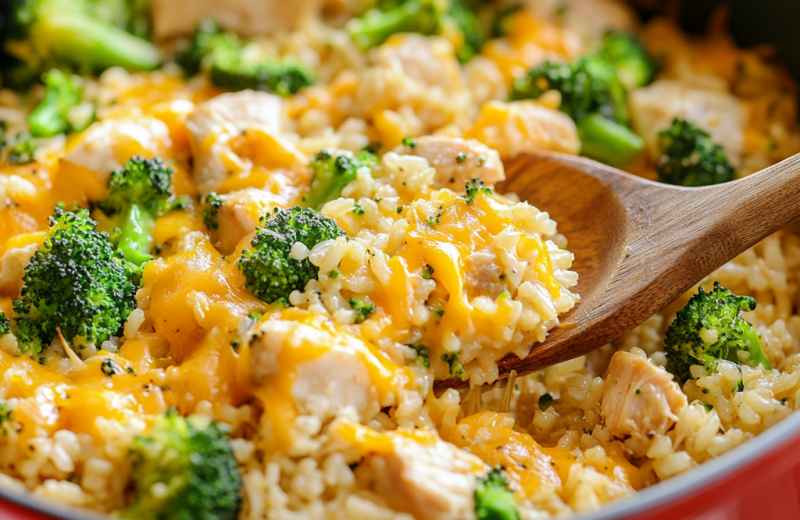 One Pot Cheesy Chicken, Rice & Broccoli