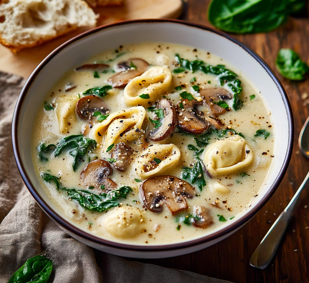 Creamy Parmesan Mushroom and Spinach Tortellini Soup