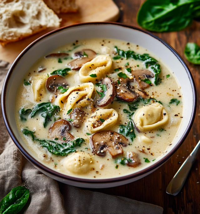 Creamy Parmesan Mushroom and Spinach Tortellini Soup