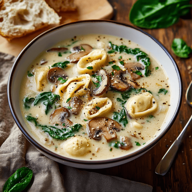 Creamy Parmesan Mushroom and Spinach Tortellini Soup