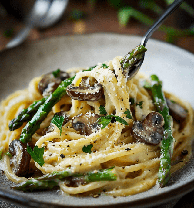 Roasted Asparagus Mushroom Carbonara