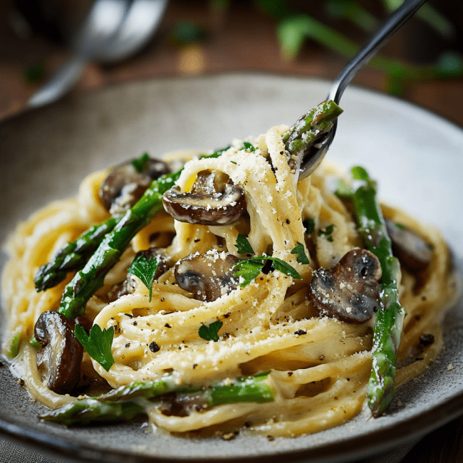 Roasted Asparagus Mushroom Carbonara