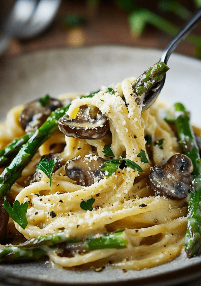 Roasted Asparagus Mushroom Carbonara