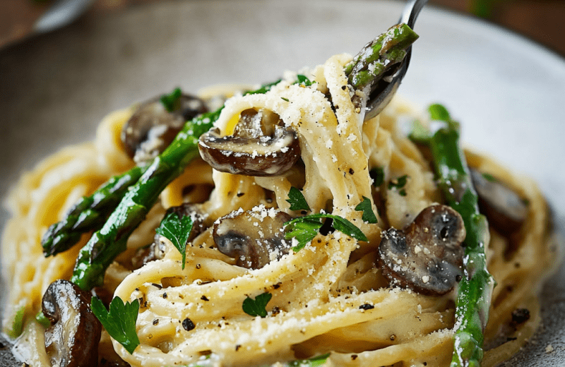 Roasted Asparagus Mushroom Carbonara