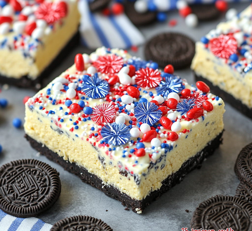 No-Bake Fireworks Oreo Cheesecake Bars