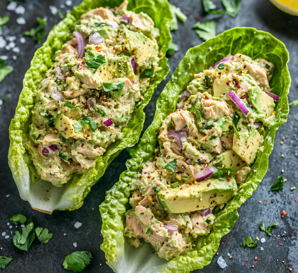 Eggless Avocado Tuna Salad in Lettuce Wraps