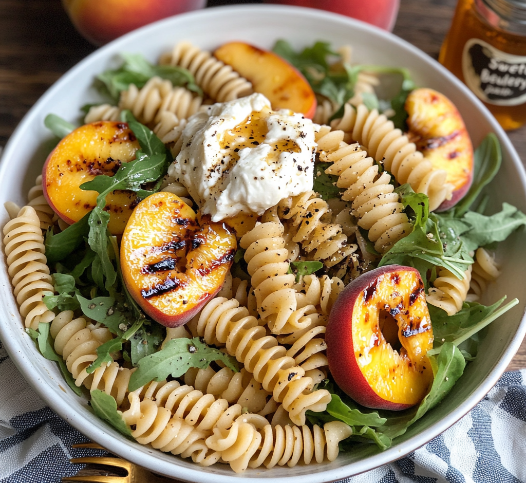 Hot Honey Peach Burrata Pasta Salad