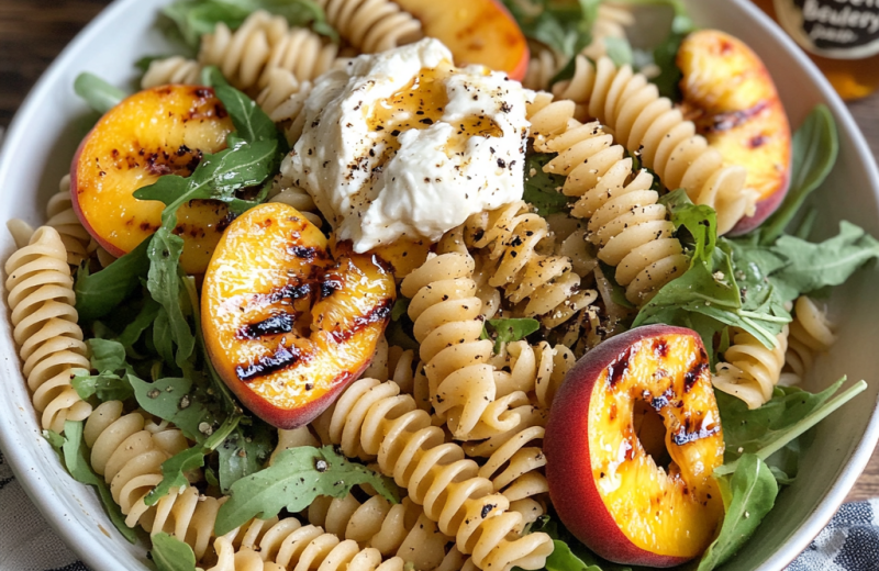 Hot Honey Peach Burrata Pasta Salad
