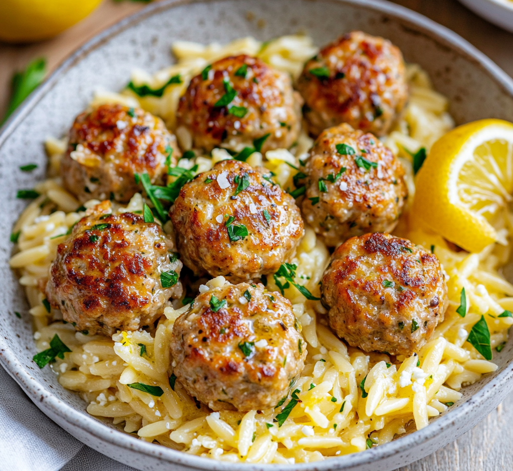 Greek Chicken Meatballs with Lemon Orzo