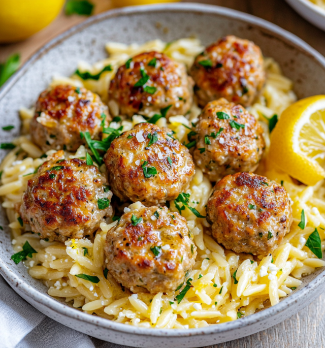 Greek Chicken Meatballs with Lemon Orzo