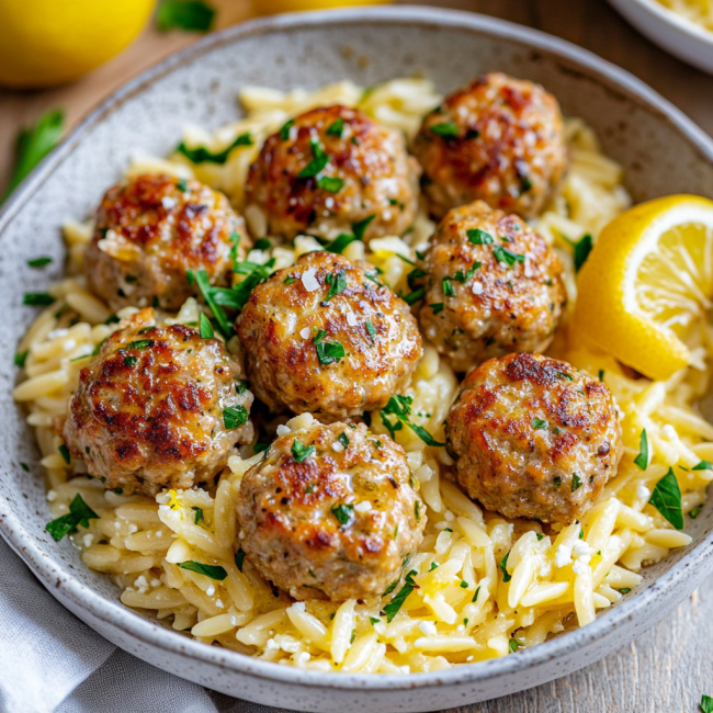 Greek Chicken Meatballs with Lemon Orzo