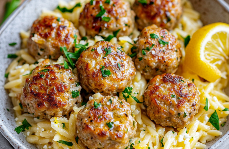 Greek Chicken Meatballs with Lemon Orzo