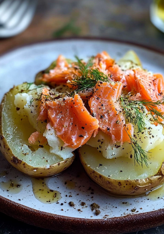 Baked Potato with Flaked Salmon & Dill