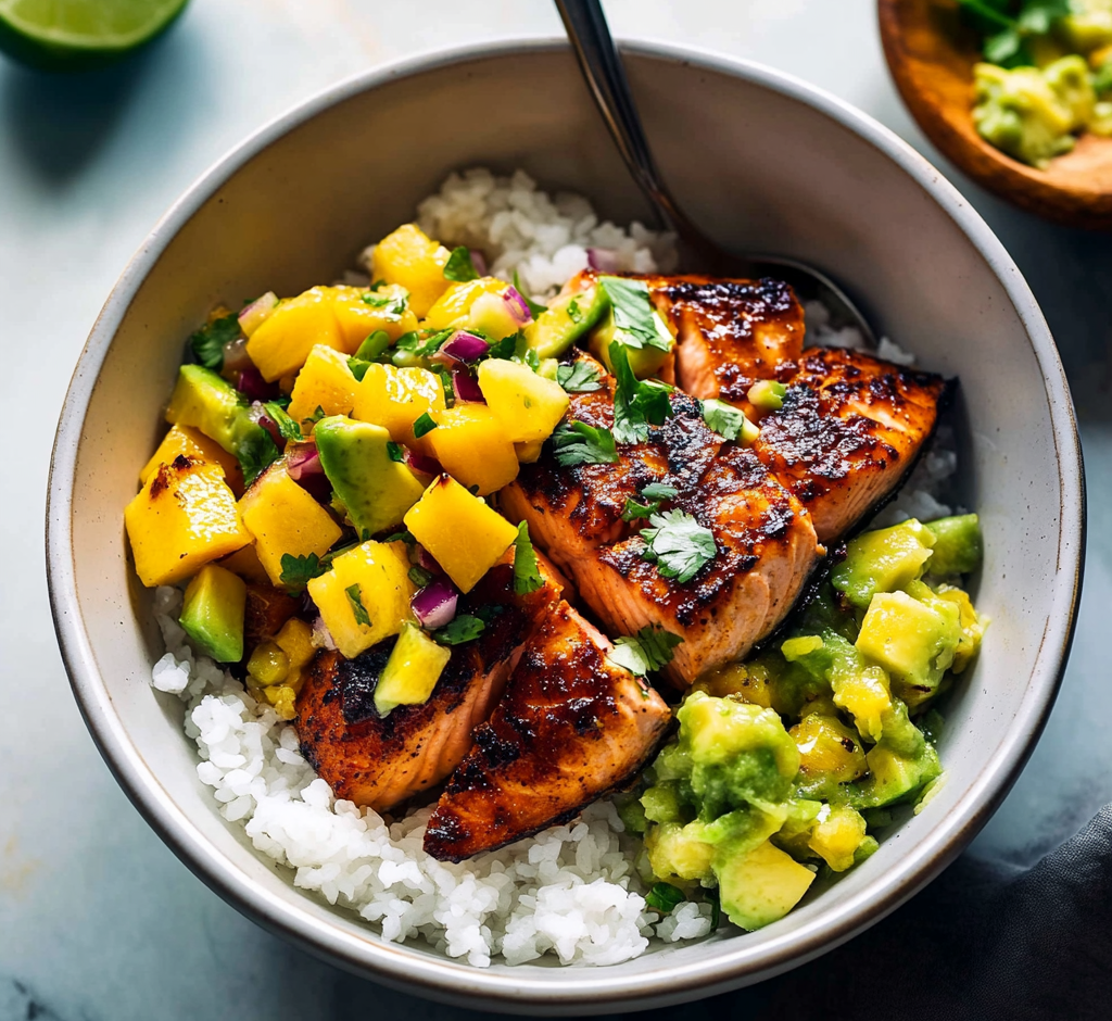 BBQ Salmon Bowls with Mango Avocado Salsa