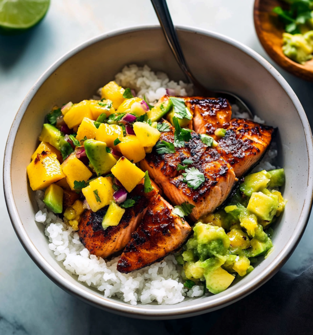 BBQ Salmon Bowls with Mango Avocado Salsa