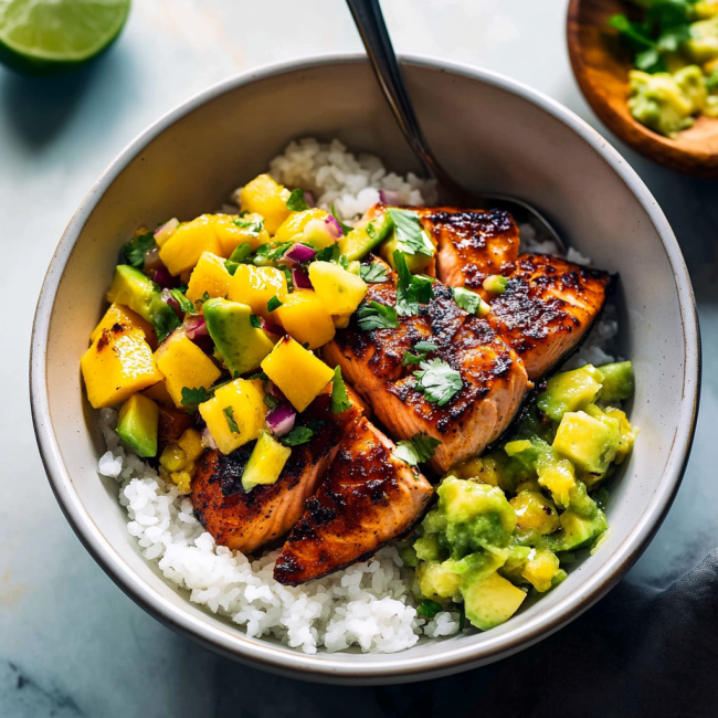BBQ Salmon Bowls with Mango Avocado Salsa