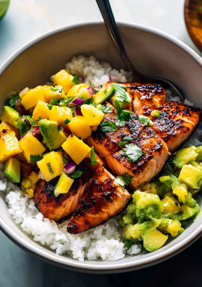 BBQ Salmon Bowls with Mango Avocado Salsa