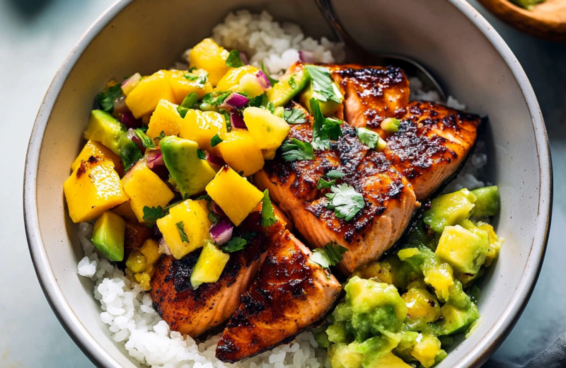 BBQ Salmon Bowls with Mango Avocado Salsa