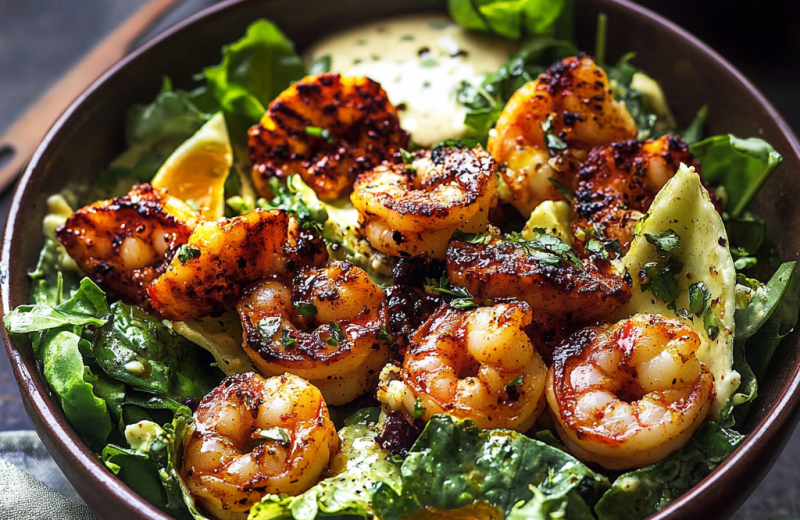 hot honey blackened shrimp caesar salad