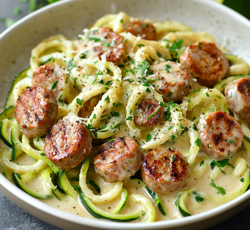 Zucchini Noodle Alfredo with Grilled Sausage