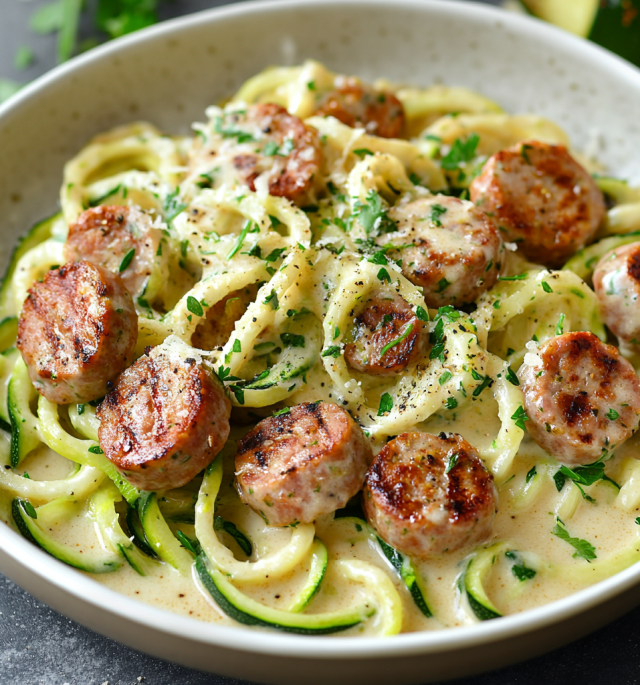 Zucchini Noodle Alfredo with Grilled Sausage