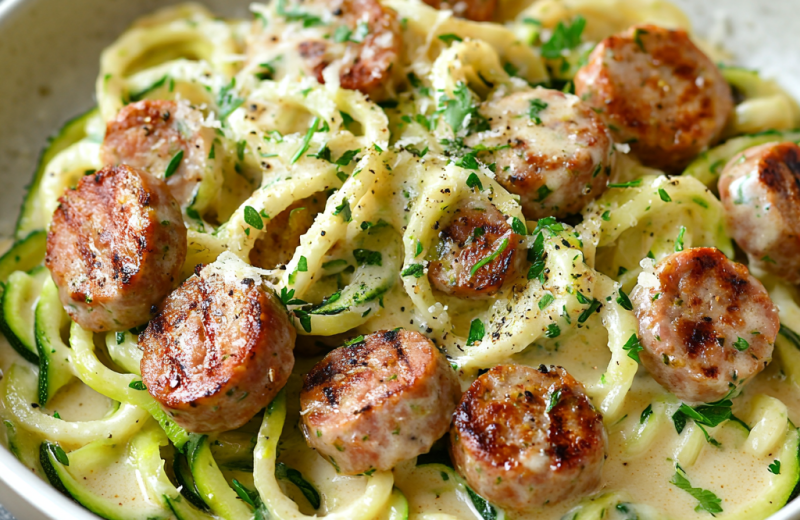 Zucchini Noodle Alfredo with Grilled Sausage