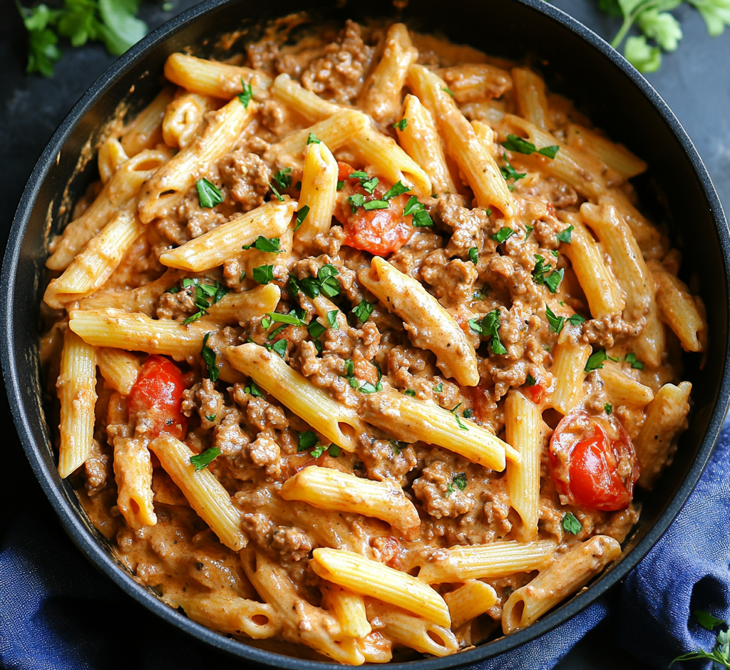 One Pot Creamy Tomato Beef Pasta